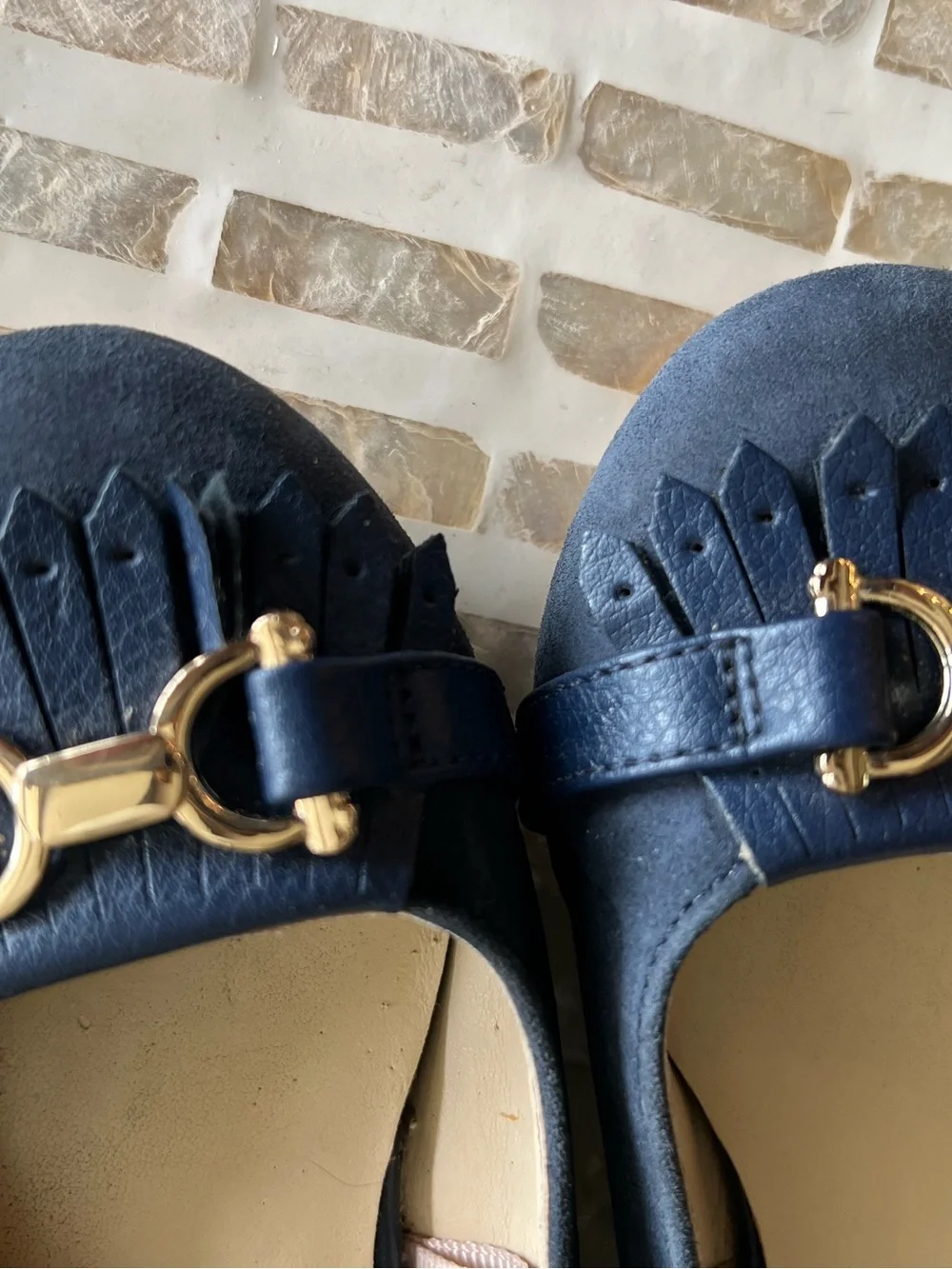 B12 Janie & Jack Blue Suede Fringe Flats Sz 10 Gold Buckle Accent